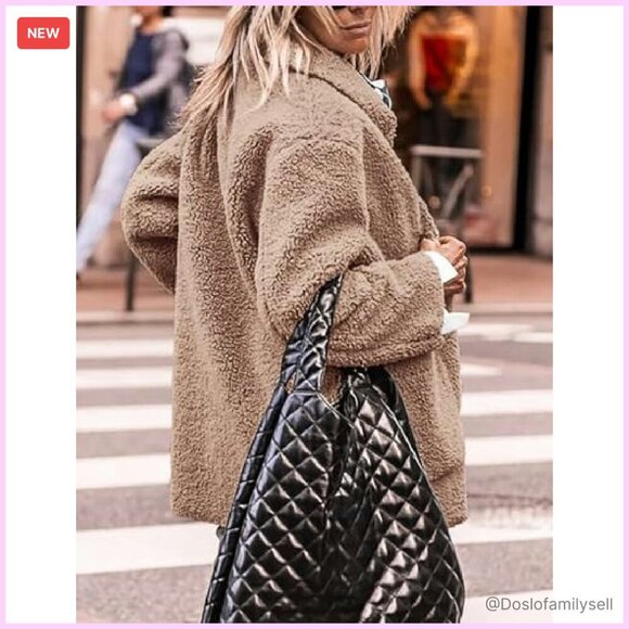 Faux Fur Sherpa Jacket Lapel Button Down Pockets Cozy Chic Outerwear - Picture 4 of 8